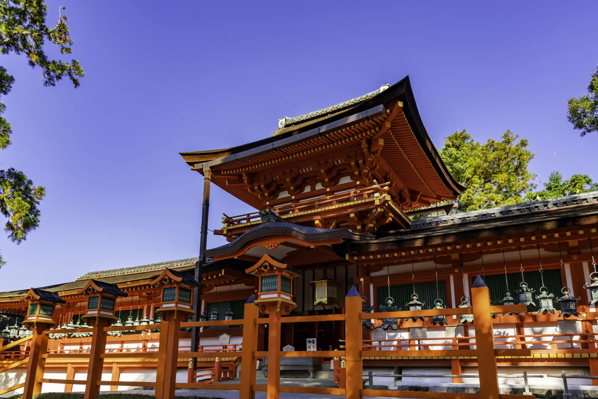Kasuga Taisha Shrine is known for its beautiful vermillion-colored buildings.