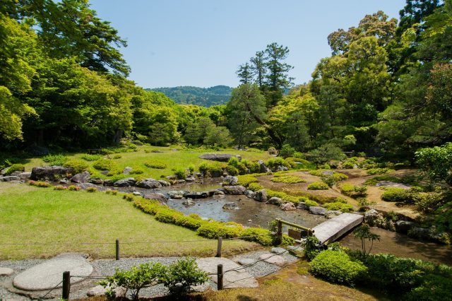 東山を主山とした、芝生の開放的な空間と躍動感あふれる流れをたたえる庭園