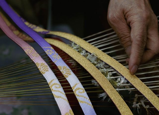 An obijime (string for holding a kimono sash in place) made with Iga kumihimo